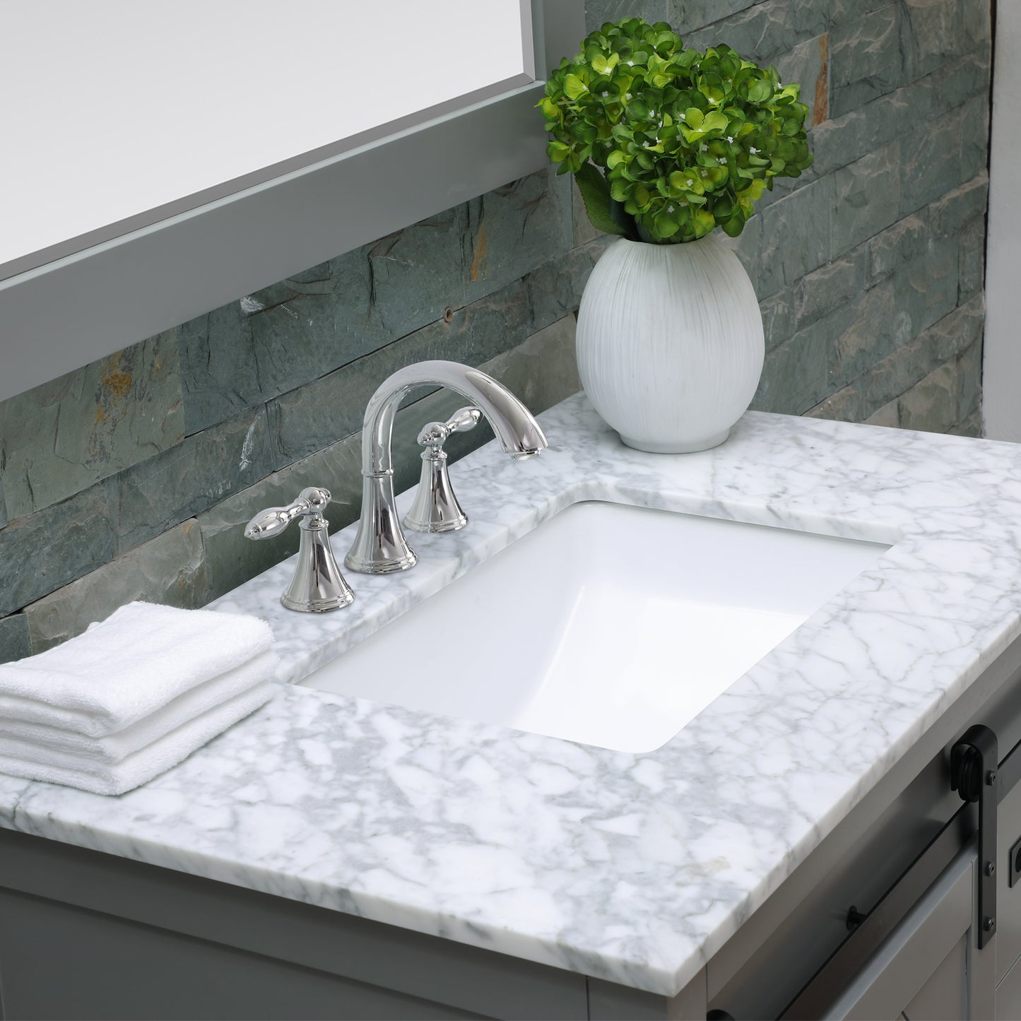 Kinsley Single Bathroom Vanity Set in Gray and Carrara White Marble Countertop