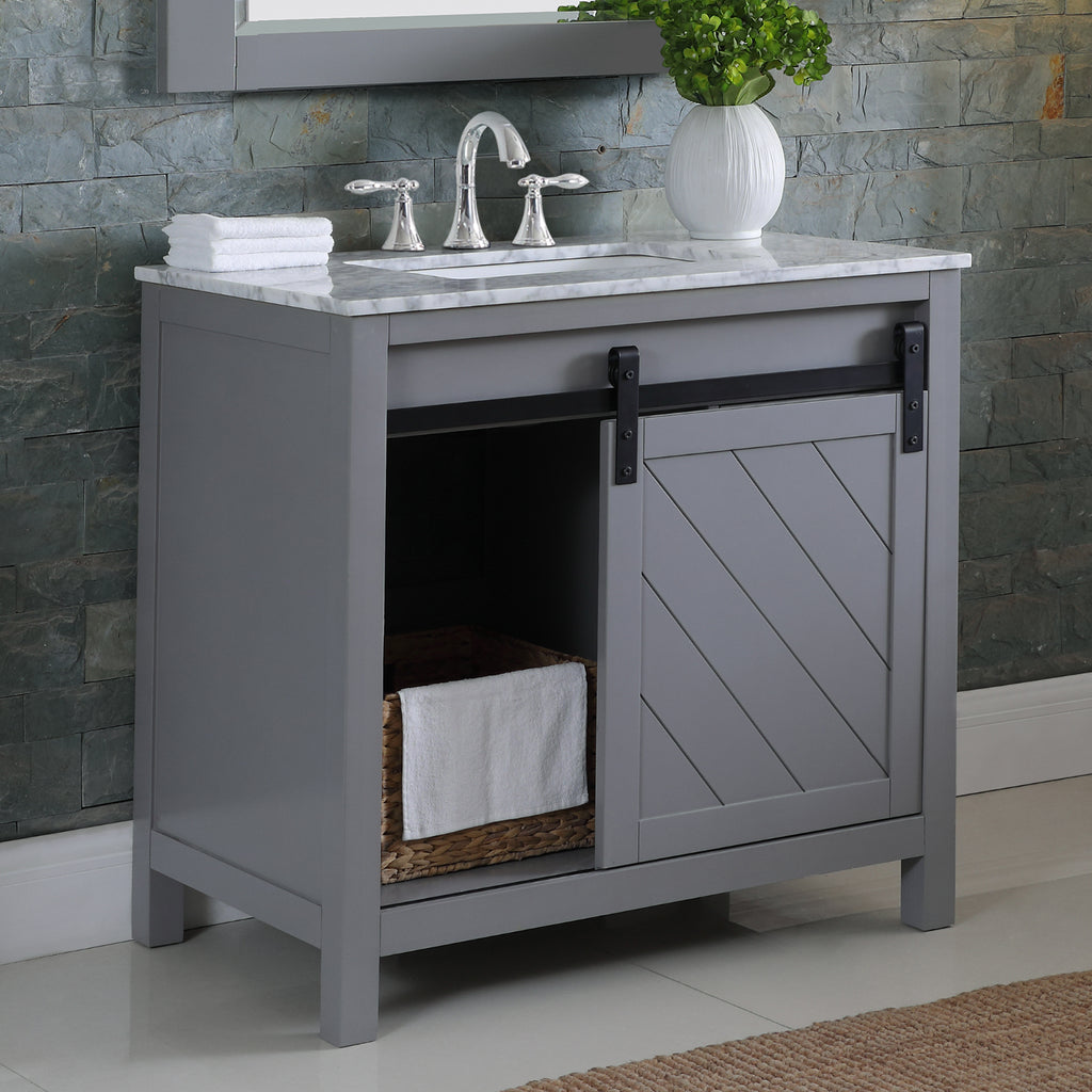 Kinsley Single Bathroom Vanity Set in Gray and Carrara White Marble Countertop with Mirror