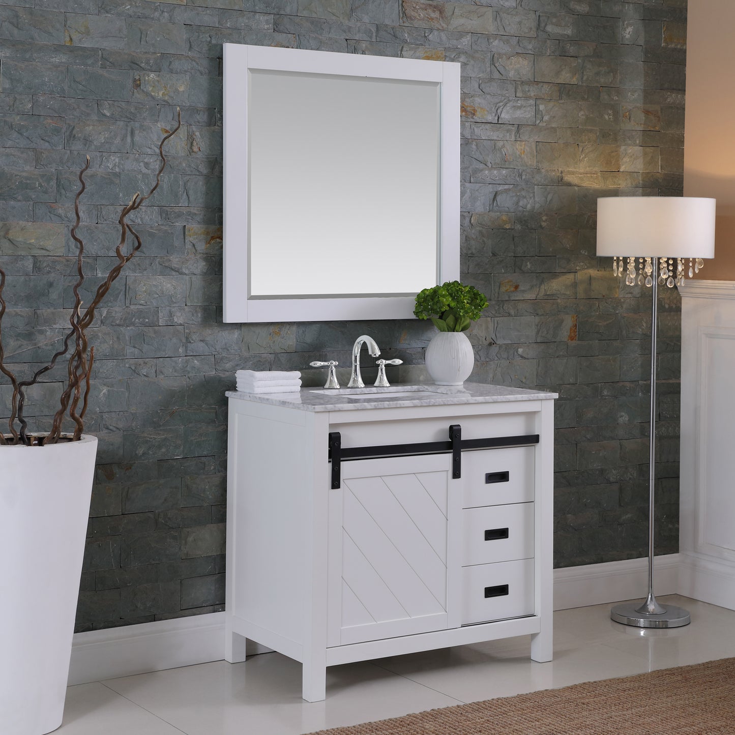 Kinsley Single Bathroom Vanity Set in Gray and Carrara White Marble Countertop with Mirror