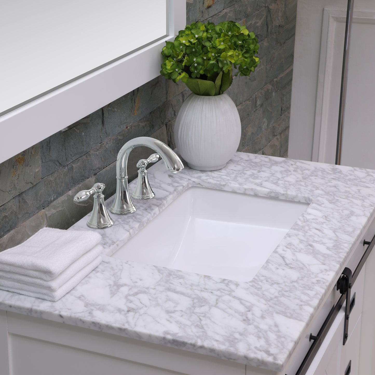 Kinsley Single Bathroom Vanity Set in Gray and Carrara White Marble Countertop