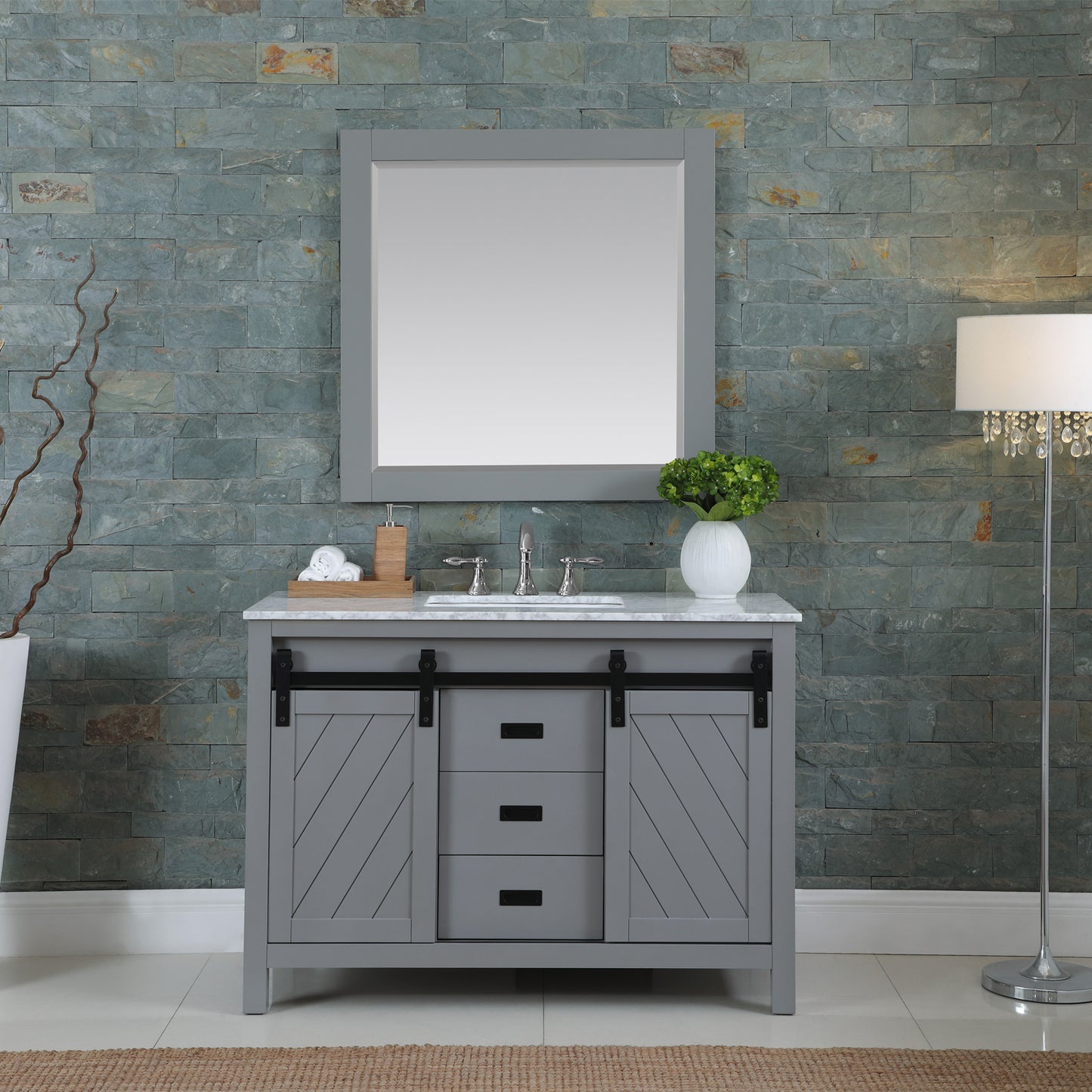 Kinsley Single Bathroom Vanity Set in Gray and Carrara White Marble Countertop with Mirror