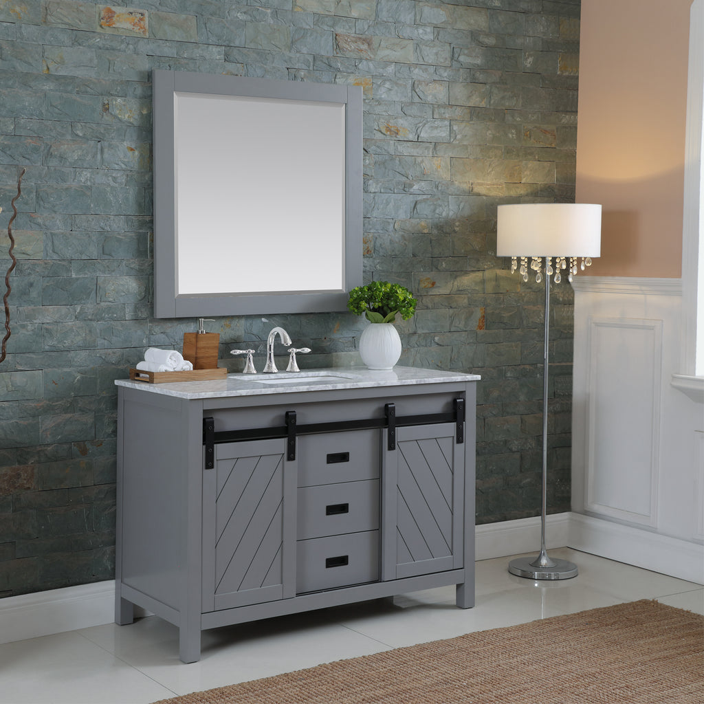Kinsley Single Bathroom Vanity Set in Gray and Carrara White Marble Countertop with Mirror