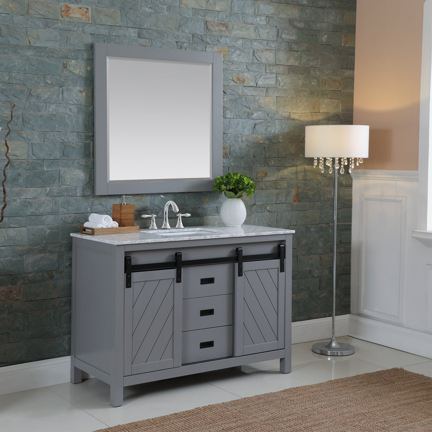 Kinsley Single Bathroom Vanity Set in Gray and Carrara White Marble Countertop with Mirror