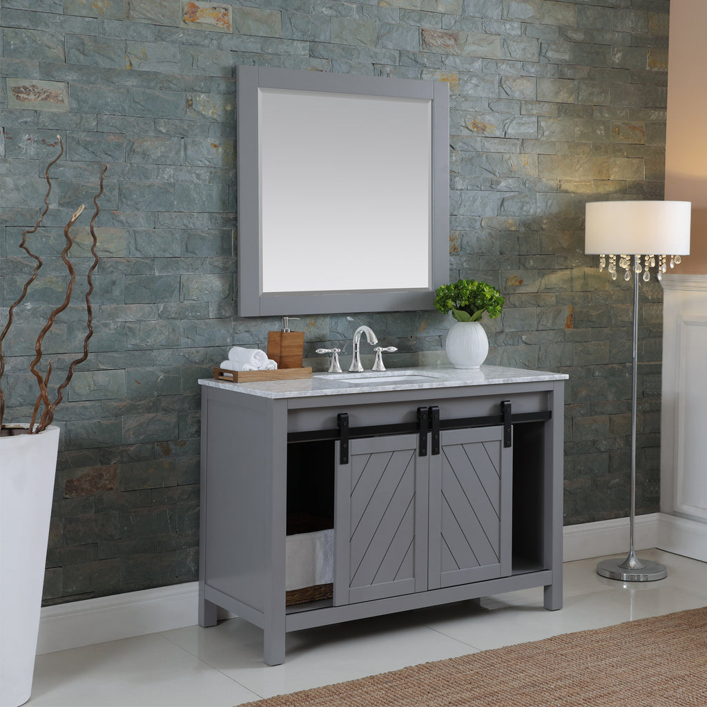 Kinsley Single Bathroom Vanity Set in Gray and Carrara White Marble Countertop with Mirror