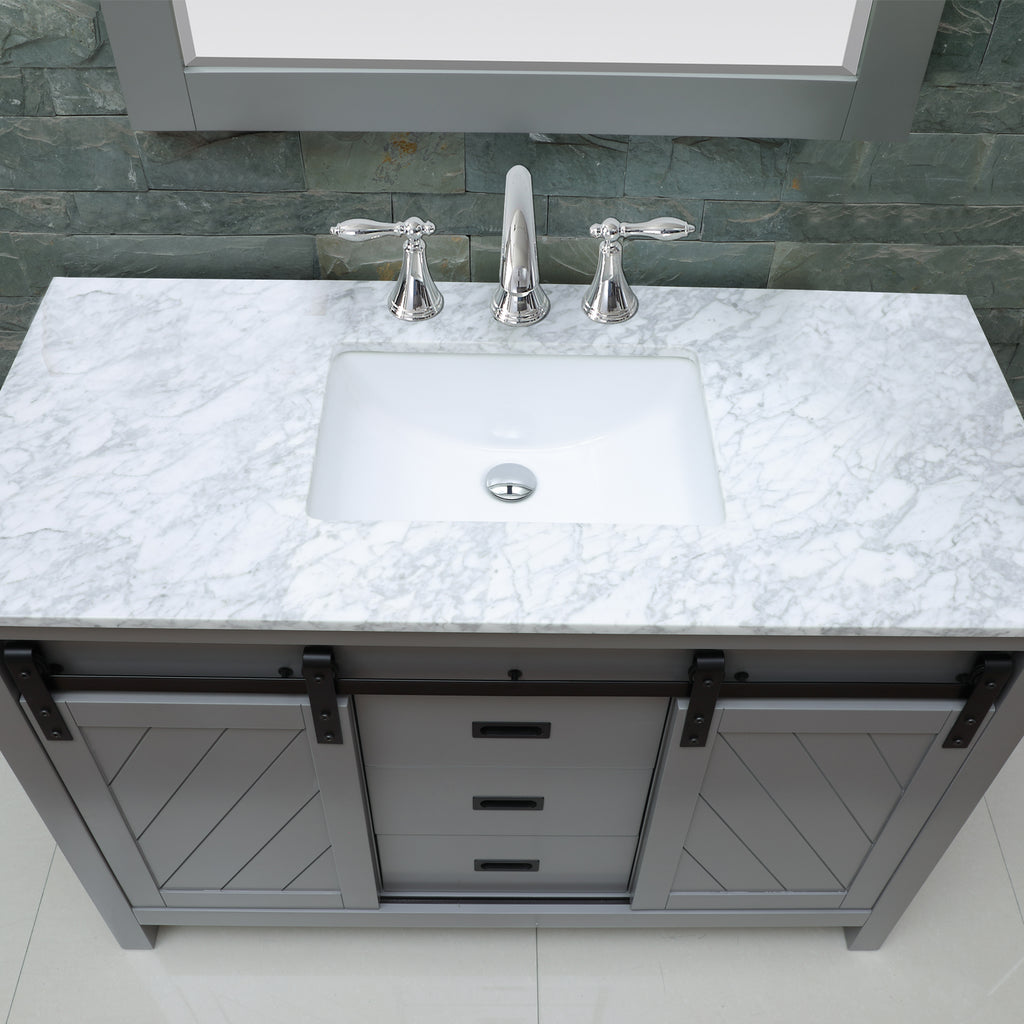 Kinsley Single Bathroom Vanity Set in Gray and Carrara White Marble Countertop with Mirror