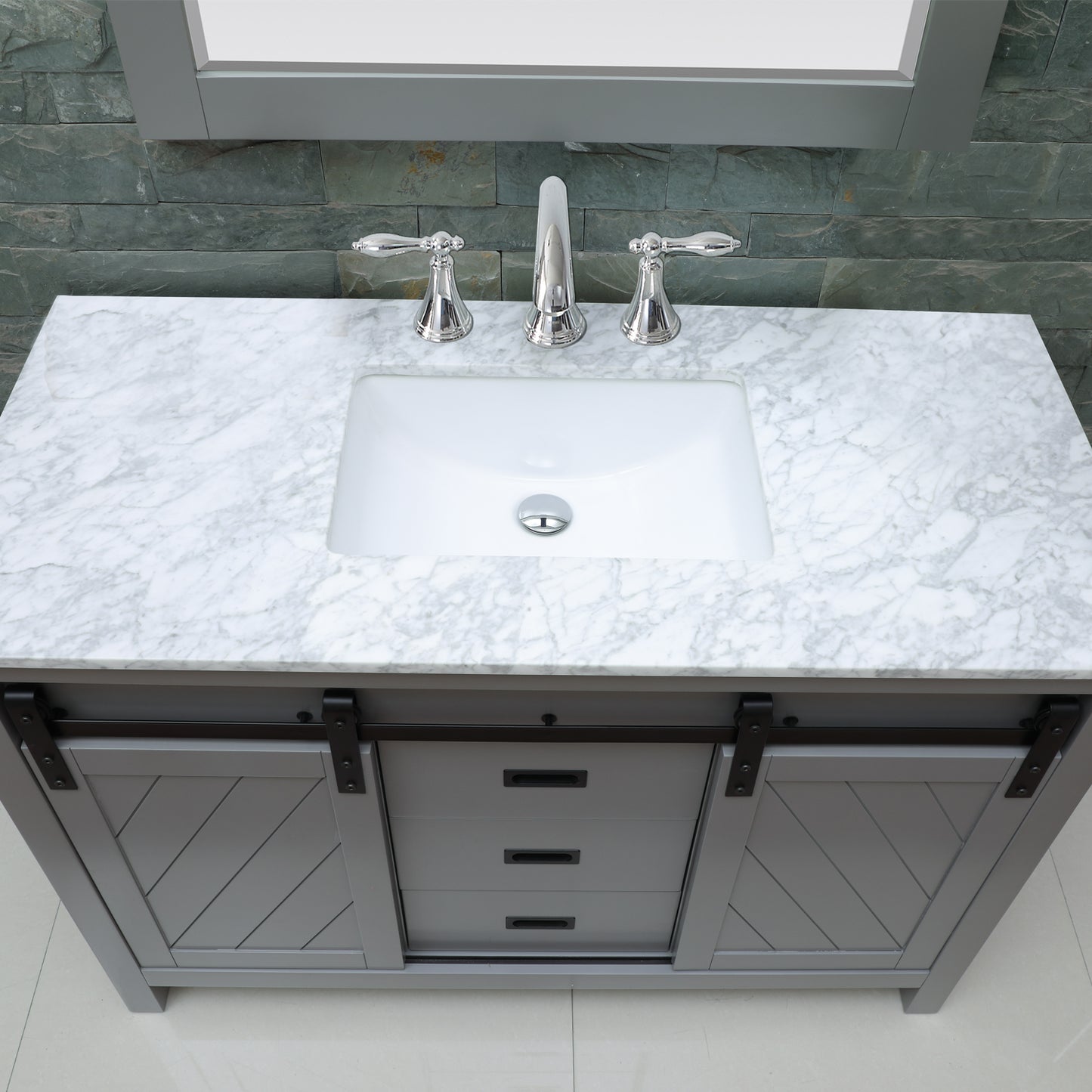 Kinsley Single Bathroom Vanity Set in Gray and Carrara White Marble Countertop with Mirror