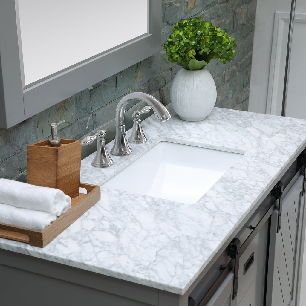 Kinsley Single Bathroom Vanity Set in Gray and Carrara White Marble Countertop with Mirror