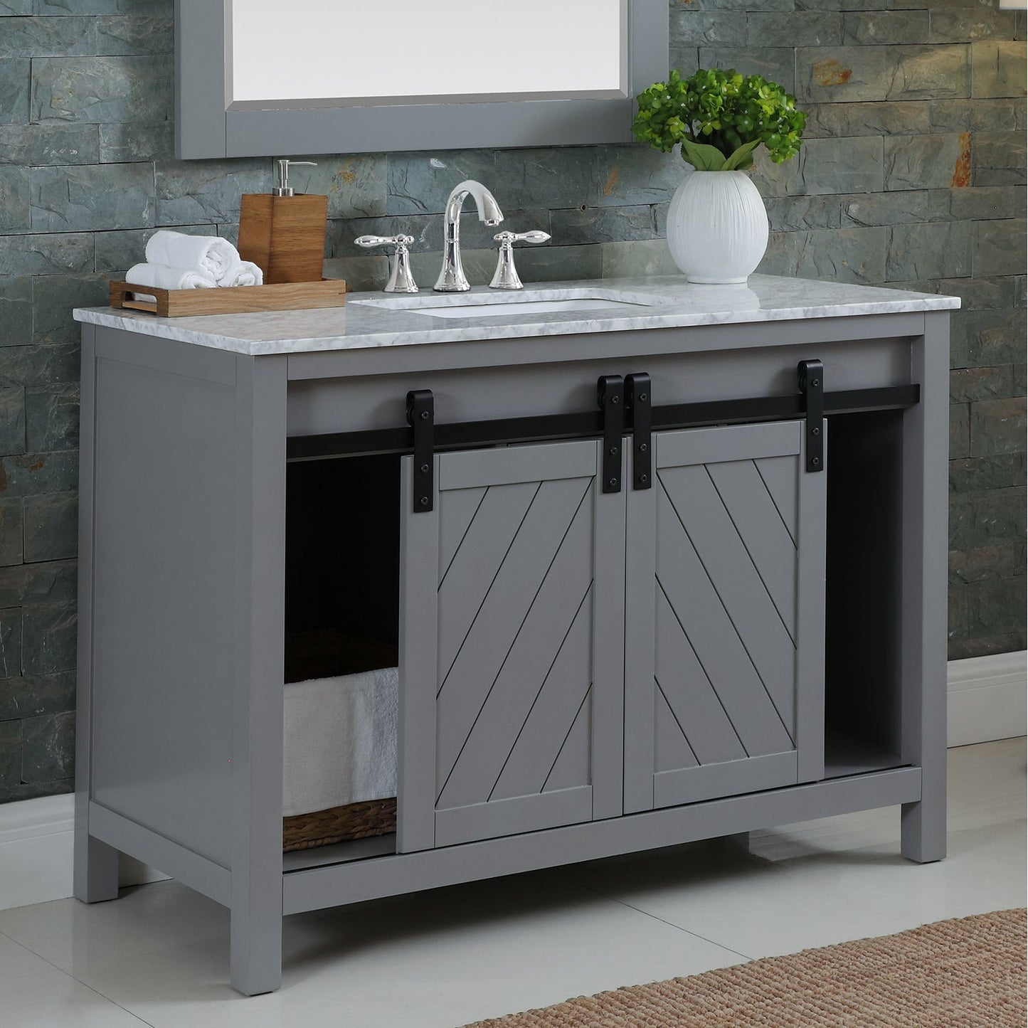 Kinsley Single Bathroom Vanity Set in Gray and Carrara White Marble Countertop with Mirror