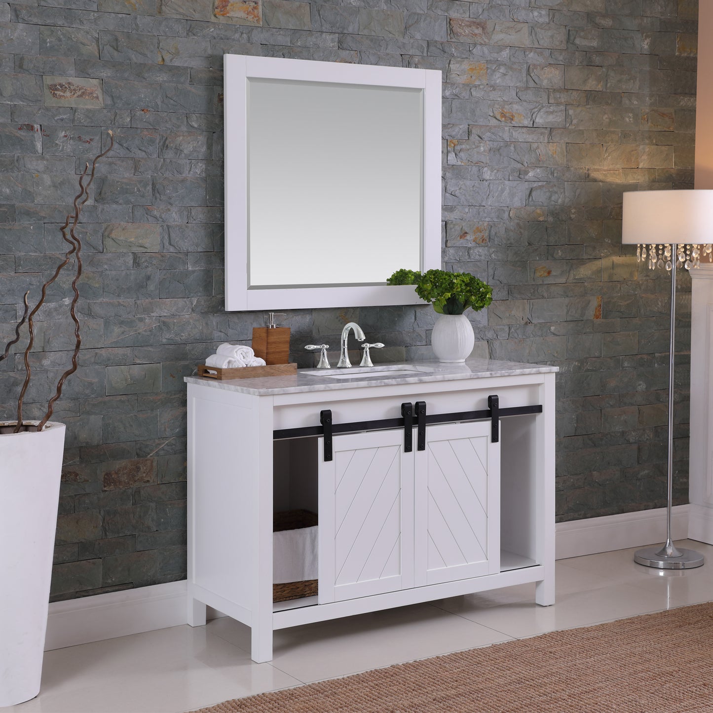 Kinsley Single Bathroom Vanity Set in Gray and Carrara White Marble Countertop with Mirror