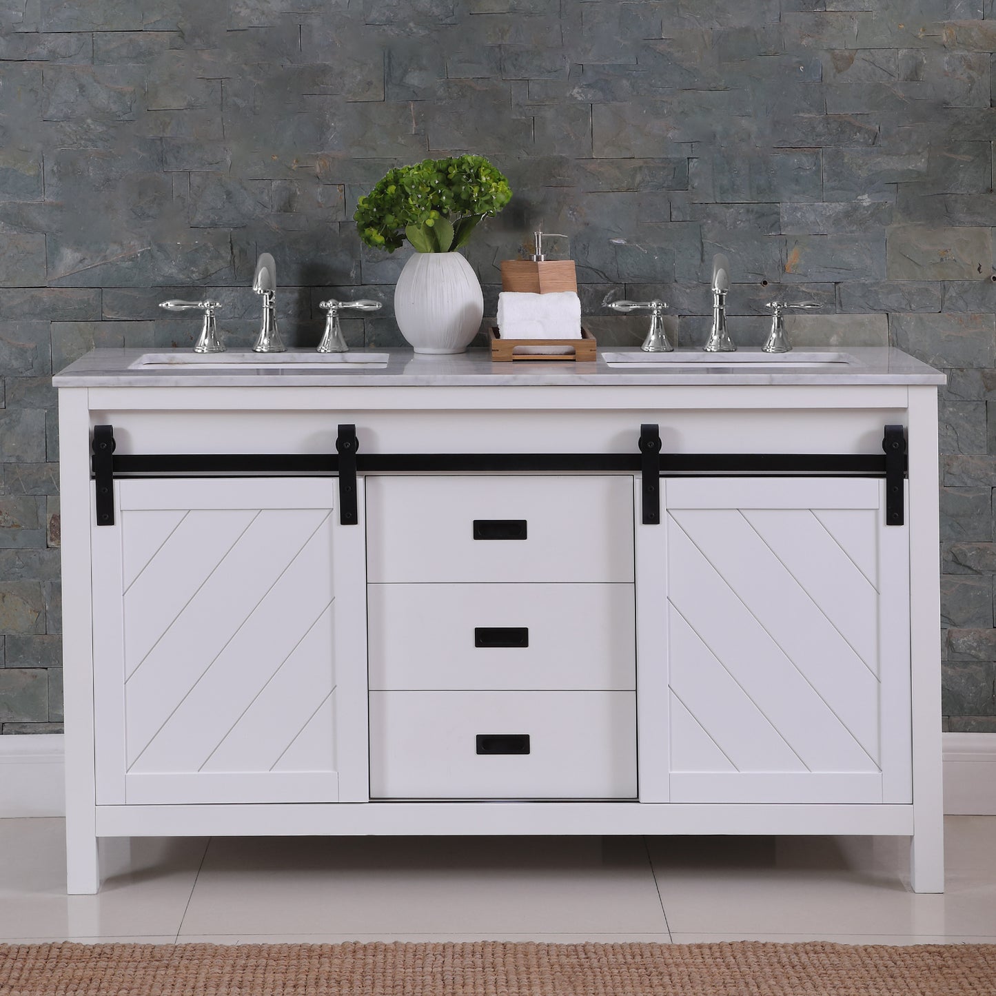 Kinsley Double Bathroom Vanity Set in Gray and Carrara White Marble Countertop