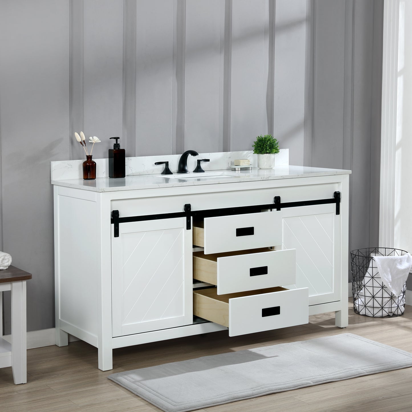 Kinsley Single Bathroom Vanity Set in White and Carrara White Marble Countertop