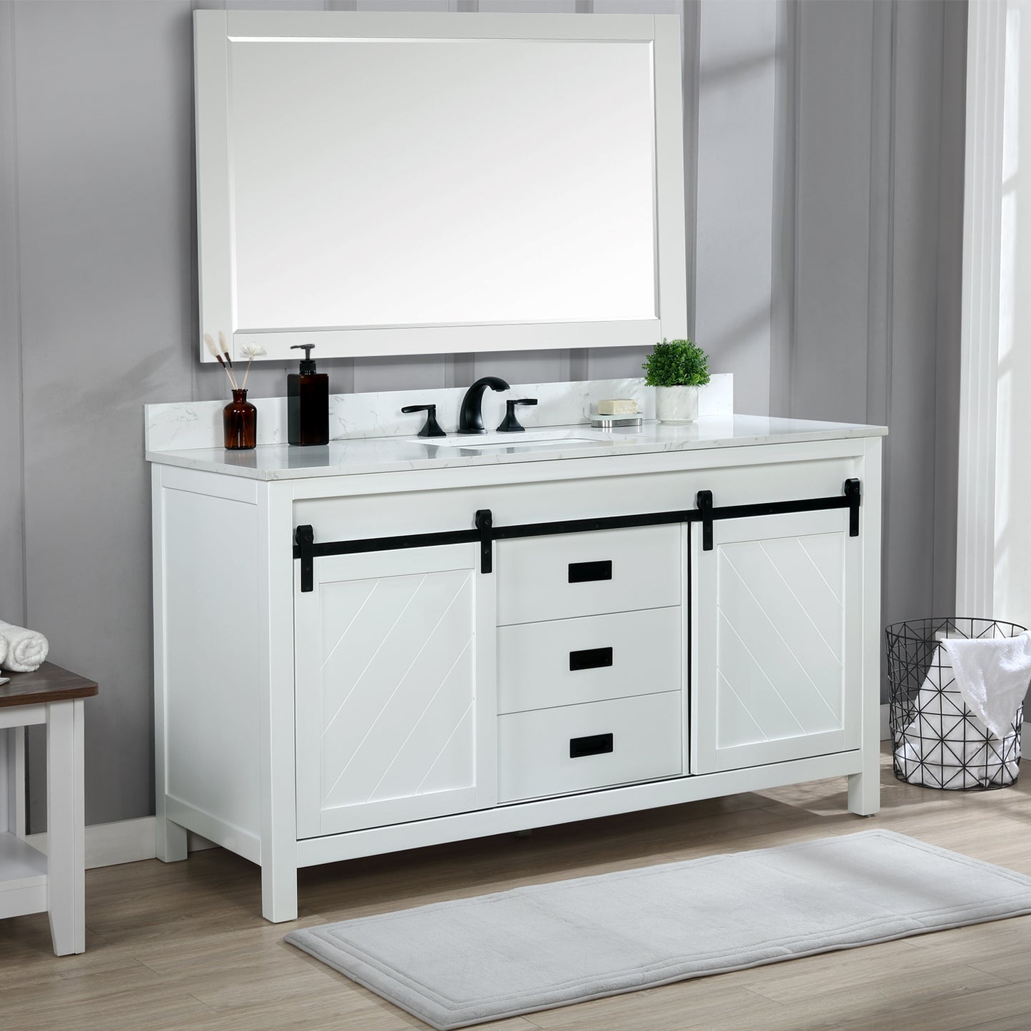 Kinsley Single Bathroom Vanity Set in White and Carrara White Marble Countertop