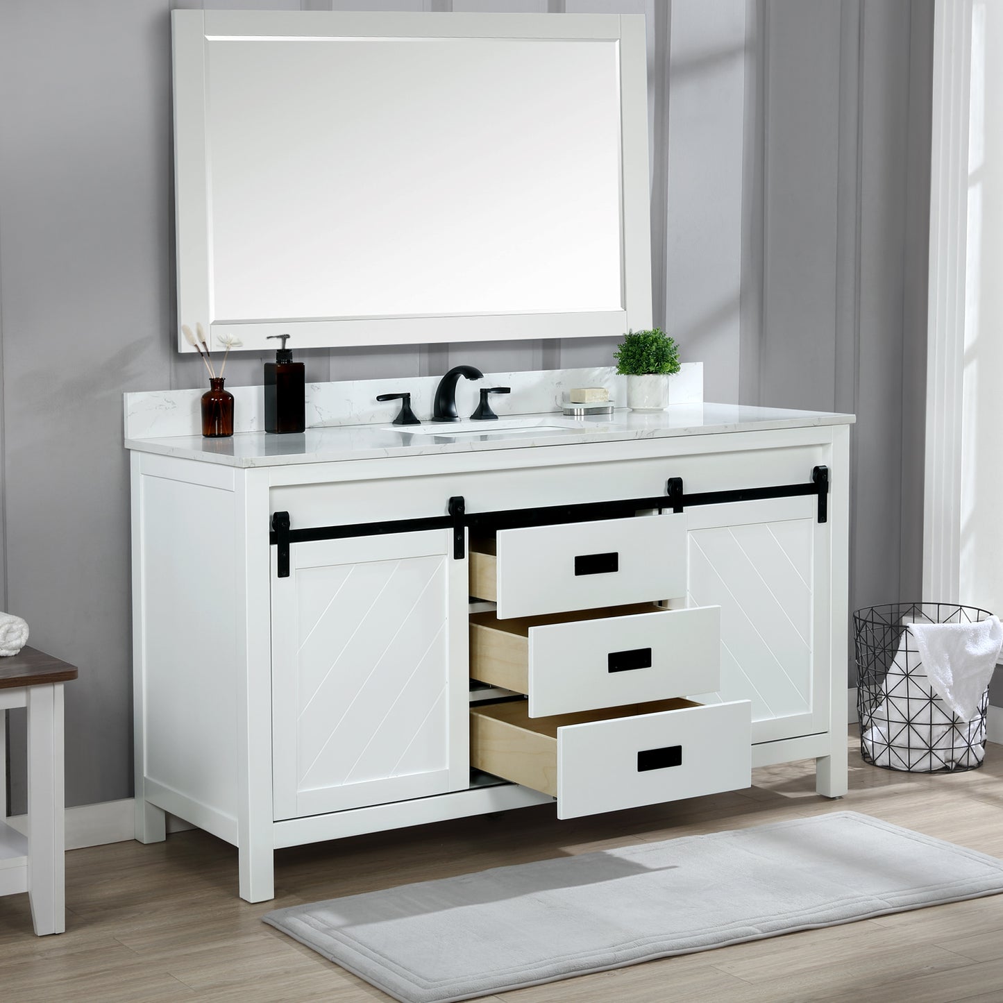 Kinsley Single Bathroom Vanity Set in White and Carrara White Marble Countertop