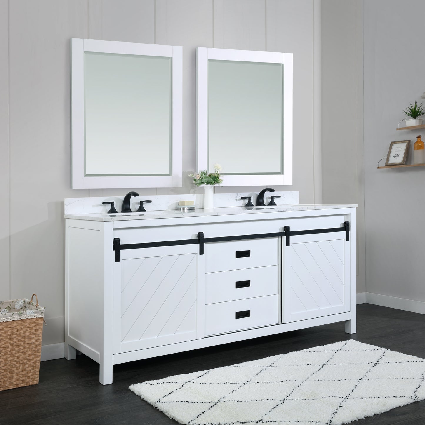 Kinsley Double Bathroom Vanity Set in White and Carrara White Marble Countertop