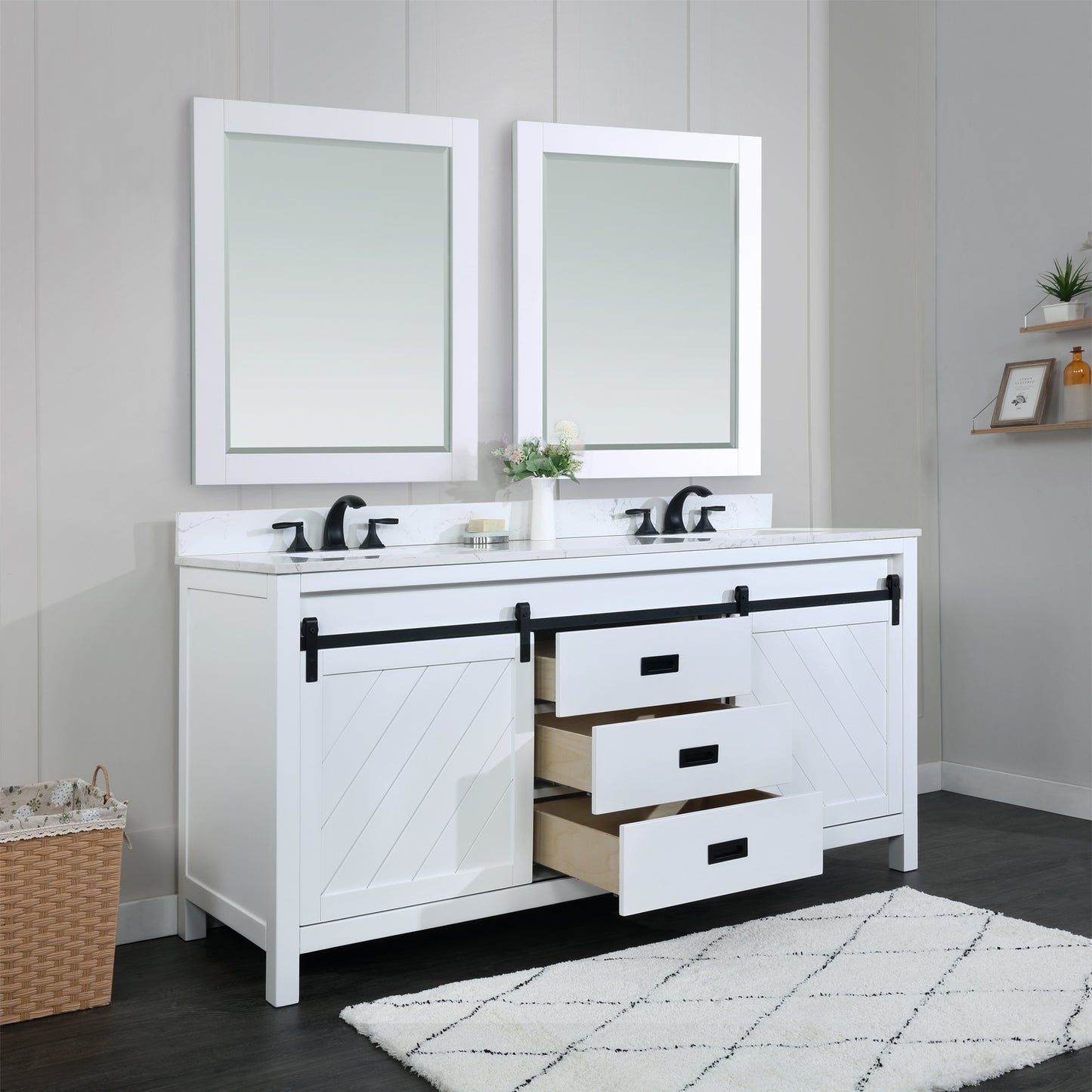 Kinsley Double Bathroom Vanity Set in White and Carrara White Marble Countertop