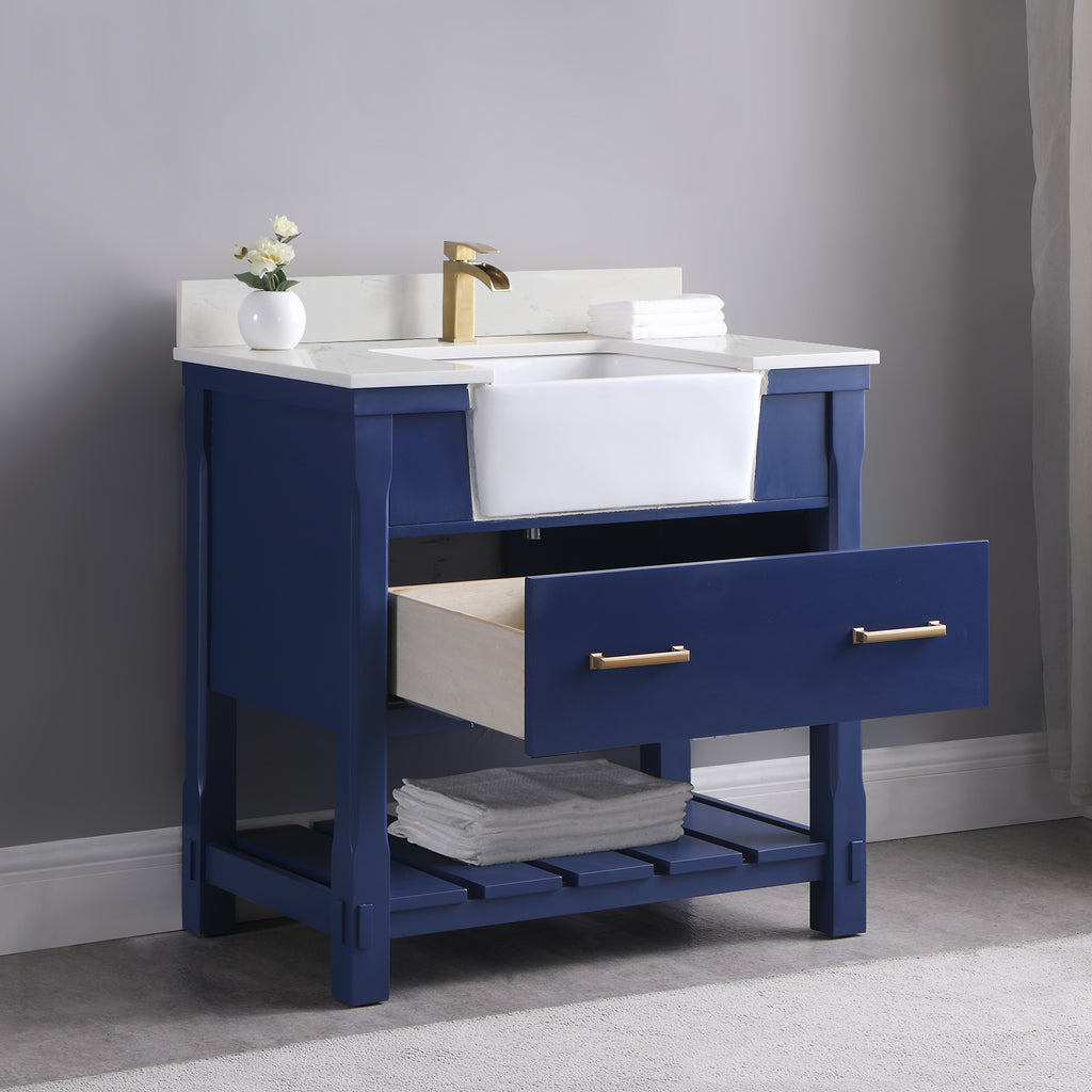 Georgia Single Bathroom Vanity Set in Jewelry Blue and Composite Carrara White Stone Top with White Farmhouse Basin