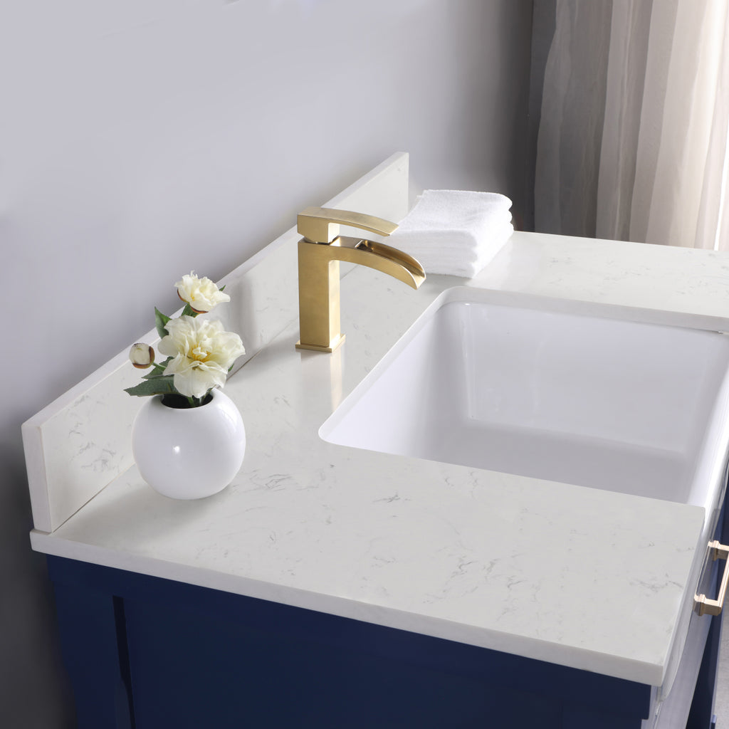 Georgia Single Bathroom Vanity Set in Jewelry Blue and Composite Carrara White Stone Top with White Farmhouse Basin