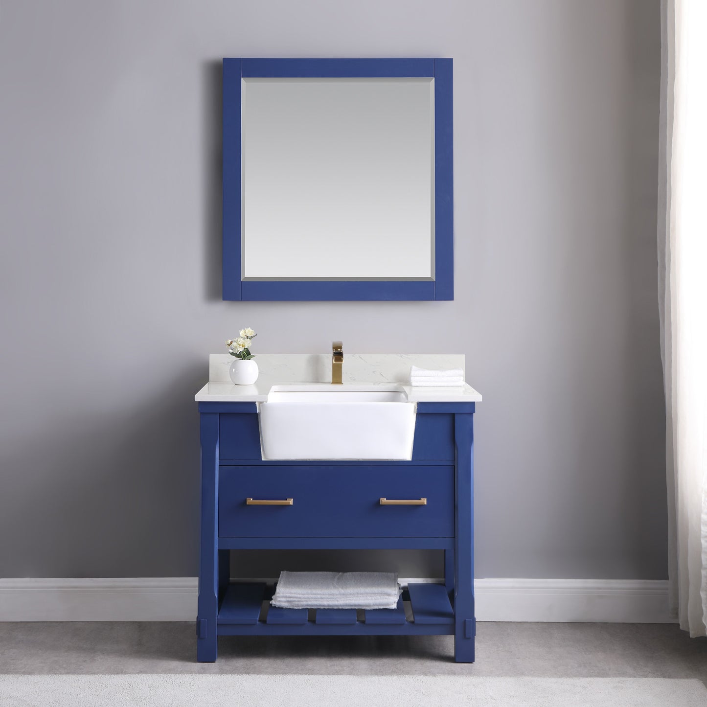 Georgia Single Bathroom Vanity Set in Jewelry Blue and Composite Carrara White Stone Top with White Farmhouse Basin with Mirror