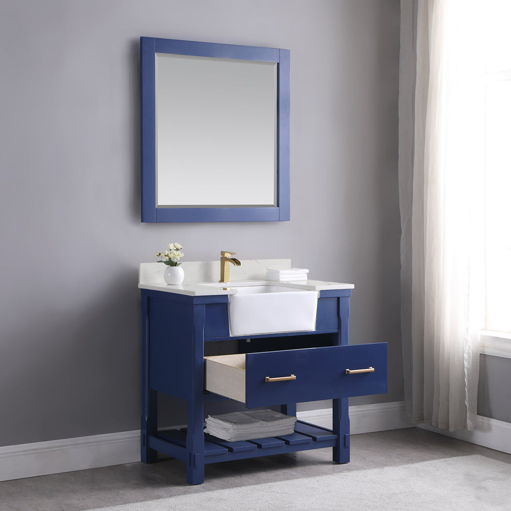 Georgia Single Bathroom Vanity Set in Jewelry Blue and Composite Carrara White Stone Top with White Farmhouse Basin with Mirror