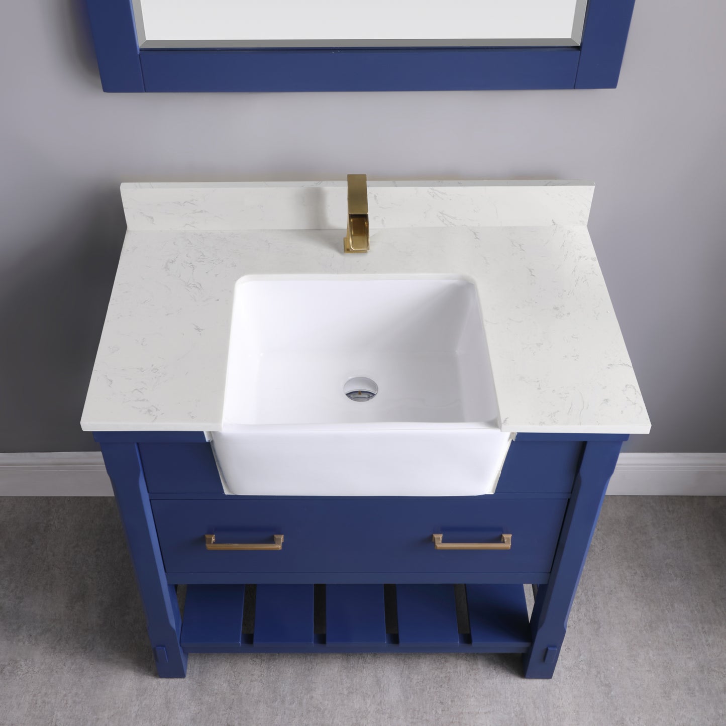 Georgia Single Bathroom Vanity Set in Jewelry Blue and Composite Carrara White Stone Top with White Farmhouse Basin with Mirror