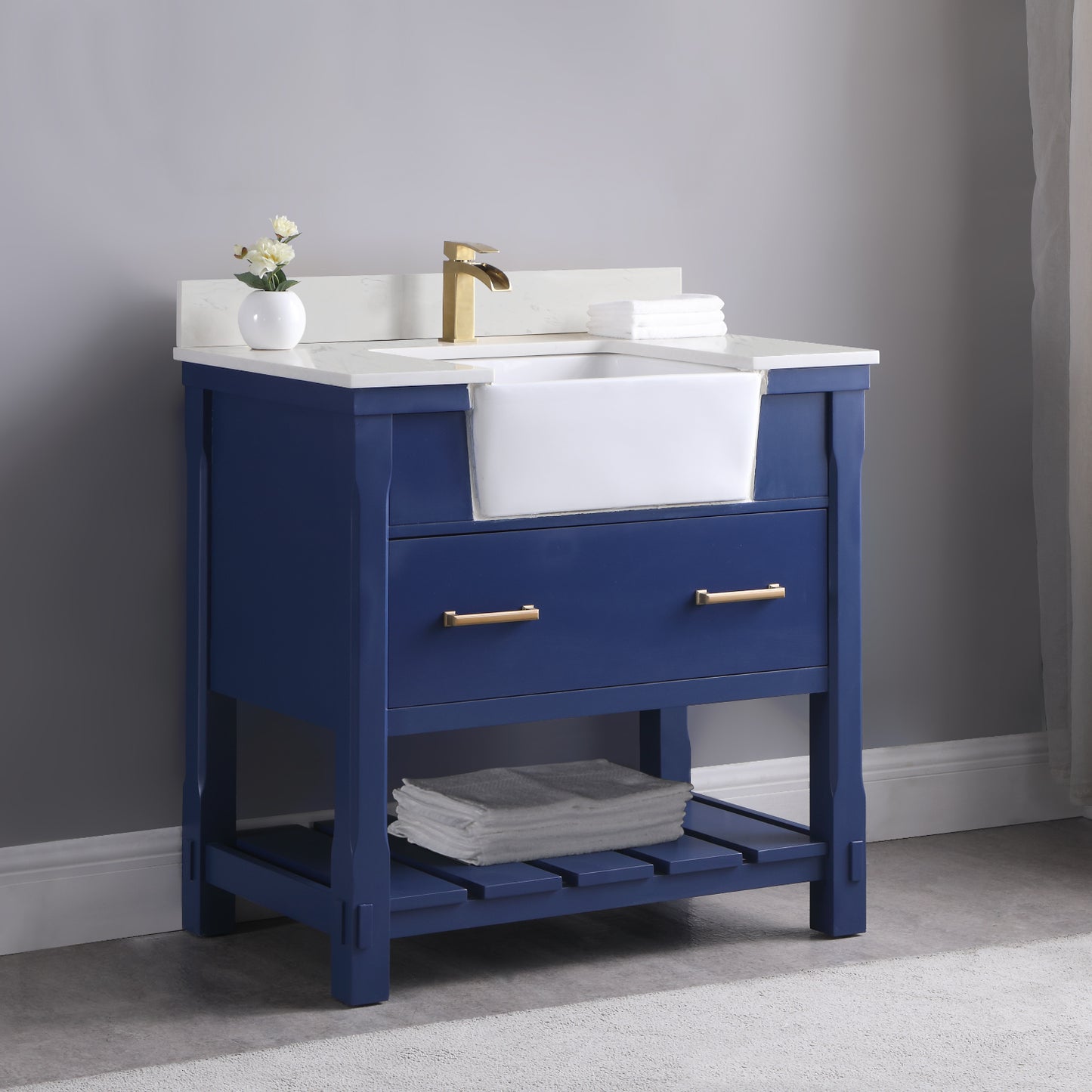 Georgia Single Bathroom Vanity Set in Jewelry Blue and Composite Carrara White Stone Top with White Farmhouse Basin with Mirror