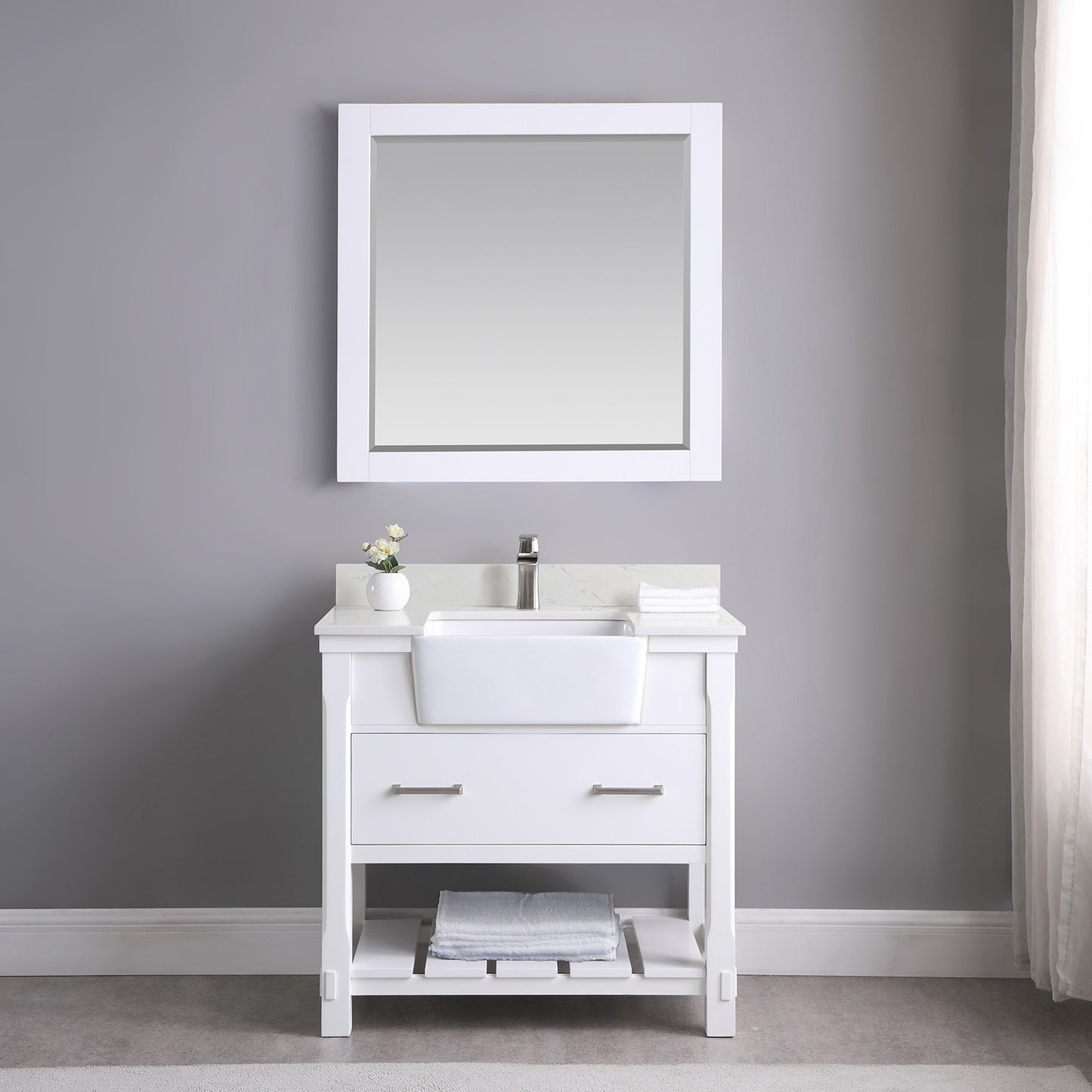 Georgia Single Bathroom Vanity Set in Jewelry Blue and Composite Carrara White Stone Top with White Farmhouse Basin with Mirror