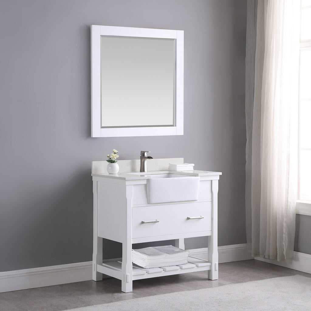 Georgia Single Bathroom Vanity Set in Jewelry Blue and Composite Carrara White Stone Top with White Farmhouse Basin with Mirror