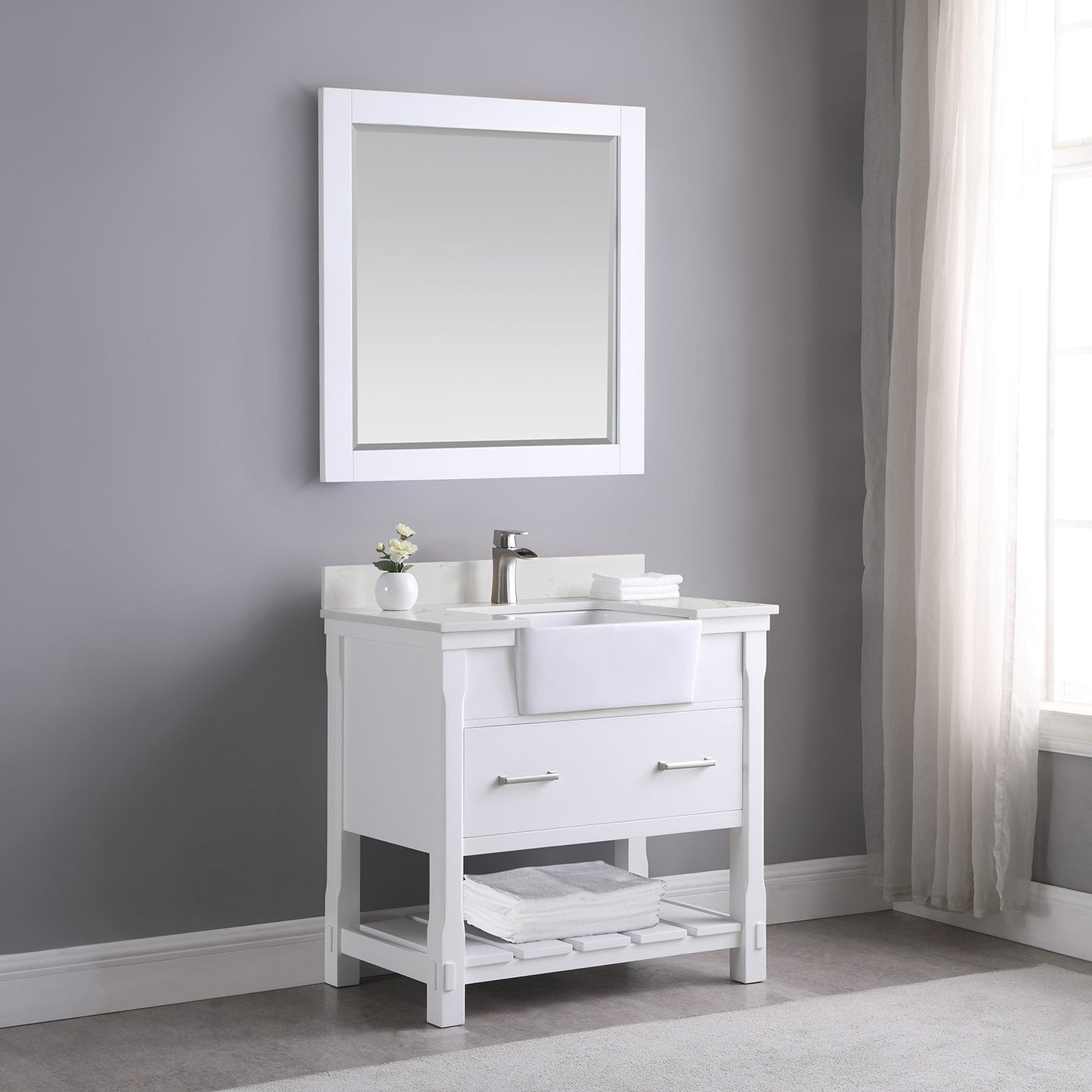 Georgia Single Bathroom Vanity Set in Jewelry Blue and Composite Carrara White Stone Top with White Farmhouse Basin with Mirror