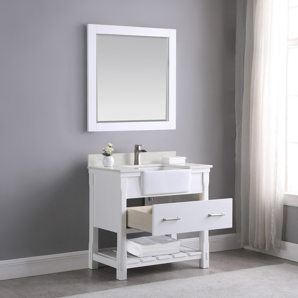 Georgia Single Bathroom Vanity Set in Jewelry Blue and Composite Carrara White Stone Top with White Farmhouse Basin with Mirror