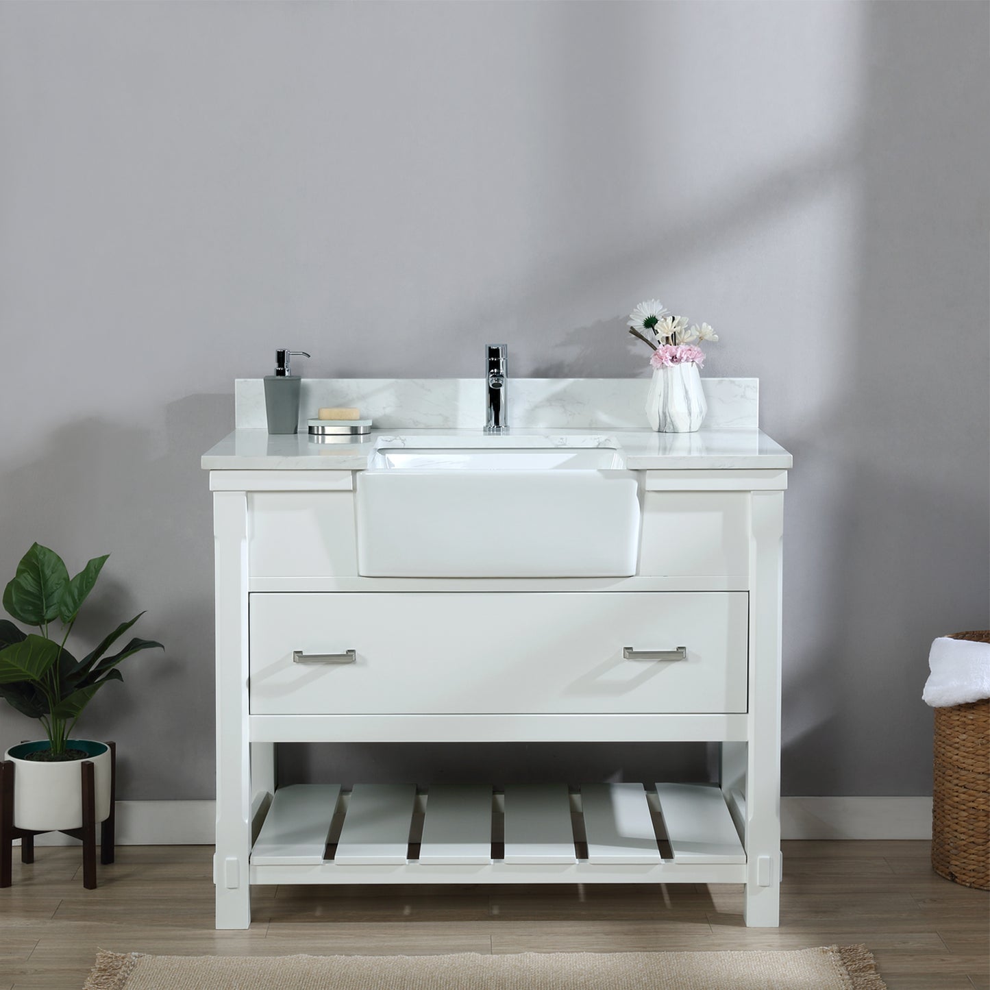 Georgia 42" Single Bathroom Vanity Set in White and Composite Carrara White Stone Top with White Farmhouse Basin with/without Mirror