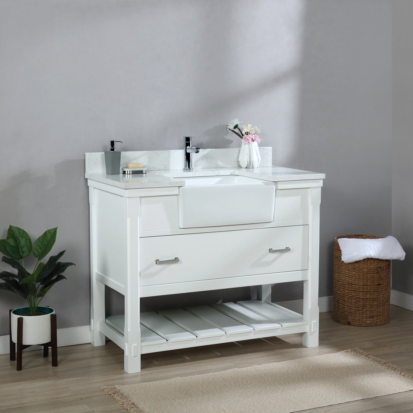Georgia 42" Single Bathroom Vanity Set in White and Composite Carrara White Stone Top with White Farmhouse Basin with/without Mirror