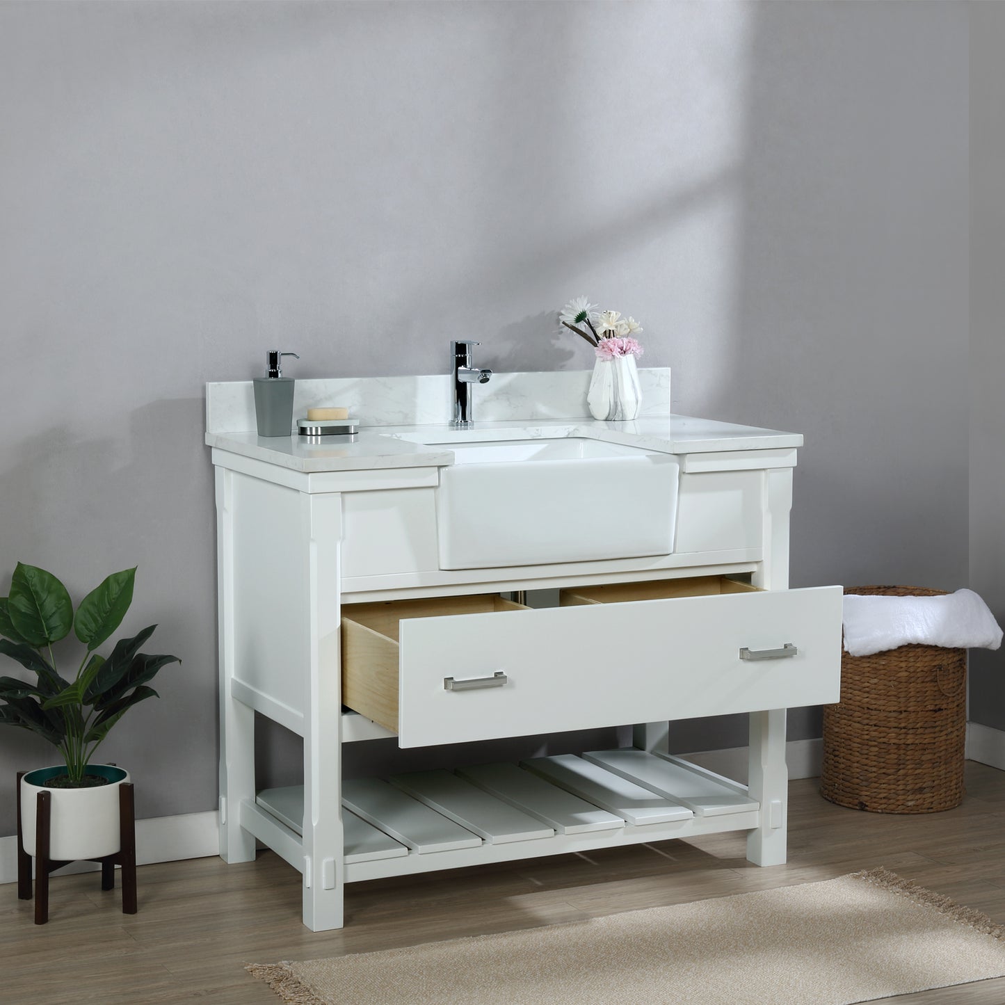 Georgia 42" Single Bathroom Vanity Set in White and Composite Carrara White Stone Top with White Farmhouse Basin with/without Mirror