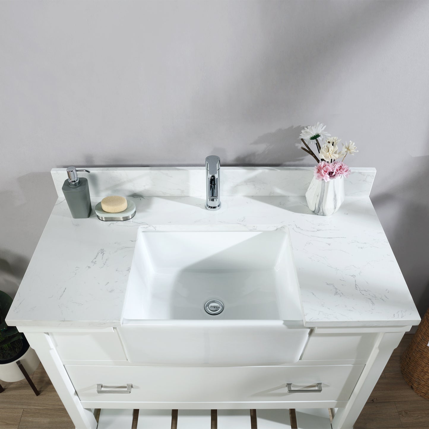 Georgia 42" Single Bathroom Vanity Set in White and Composite Carrara White Stone Top with White Farmhouse Basin with/without Mirror