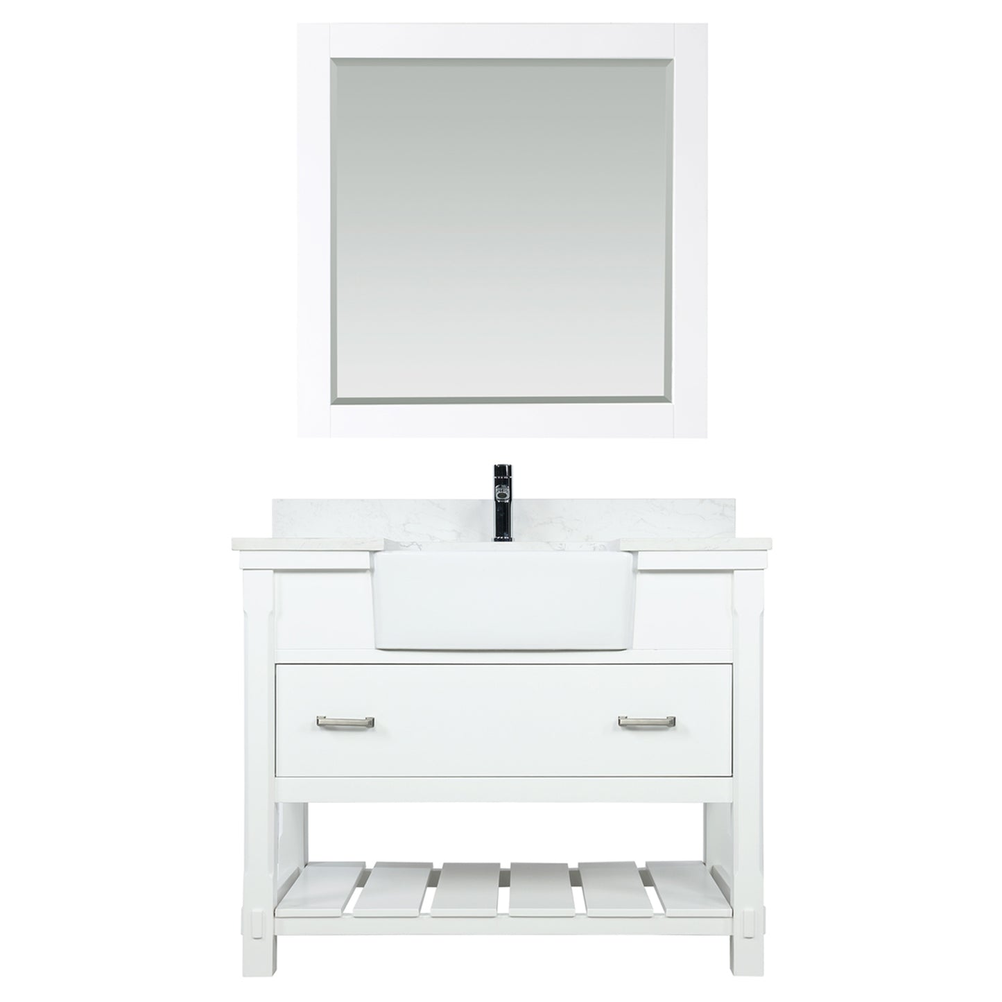 Georgia 42" Single Bathroom Vanity Set in White and Composite Carrara White Stone Top with White Farmhouse Basin with/without Mirror