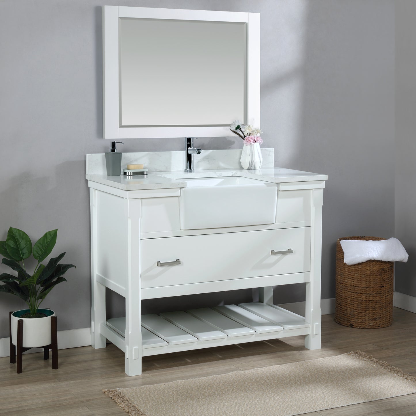 Georgia 42" Single Bathroom Vanity Set in White and Composite Carrara White Stone Top with White Farmhouse Basin with/without Mirror