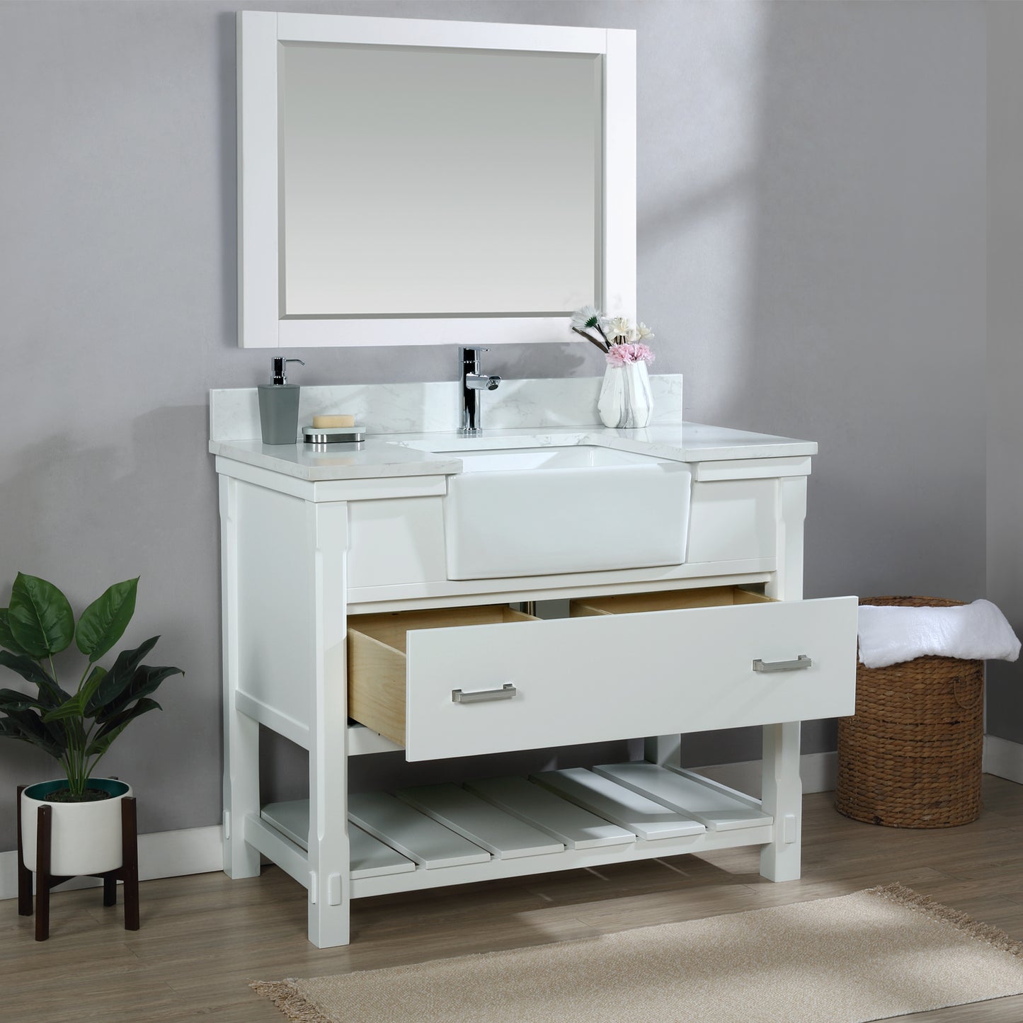 Georgia 42" Single Bathroom Vanity Set in White and Composite Carrara White Stone Top with White Farmhouse Basin with/without Mirror