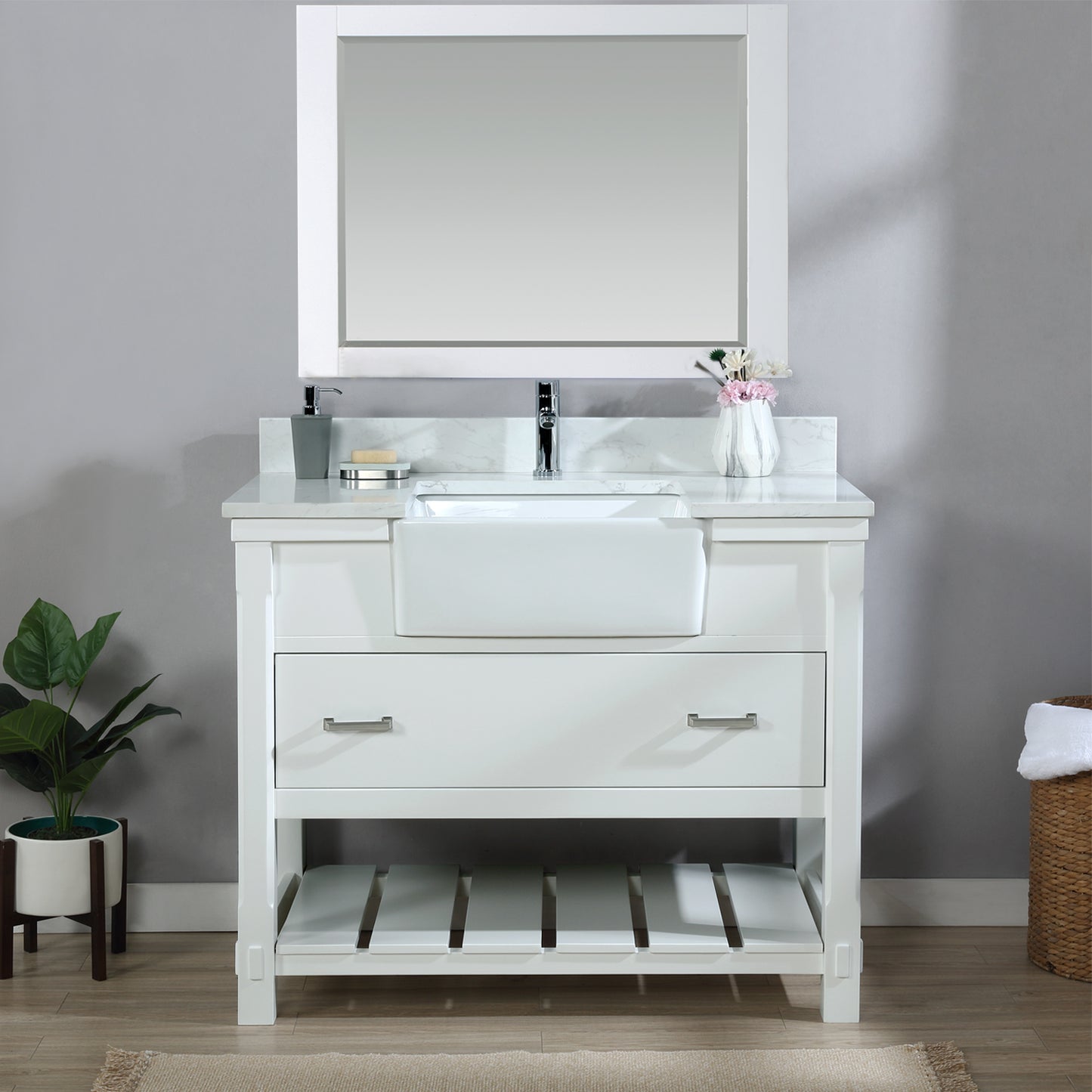 Georgia 42" Single Bathroom Vanity Set in White and Composite Carrara White Stone Top with White Farmhouse Basin with/without Mirror