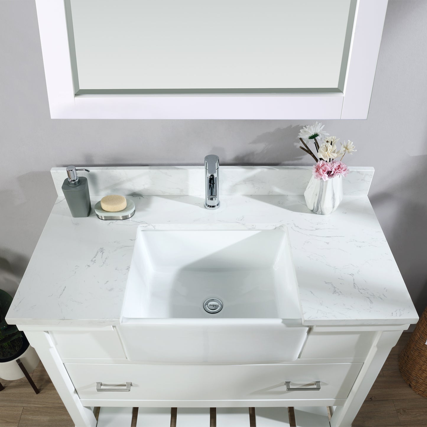 Georgia 42" Single Bathroom Vanity Set in White and Composite Carrara White Stone Top with White Farmhouse Basin with/without Mirror