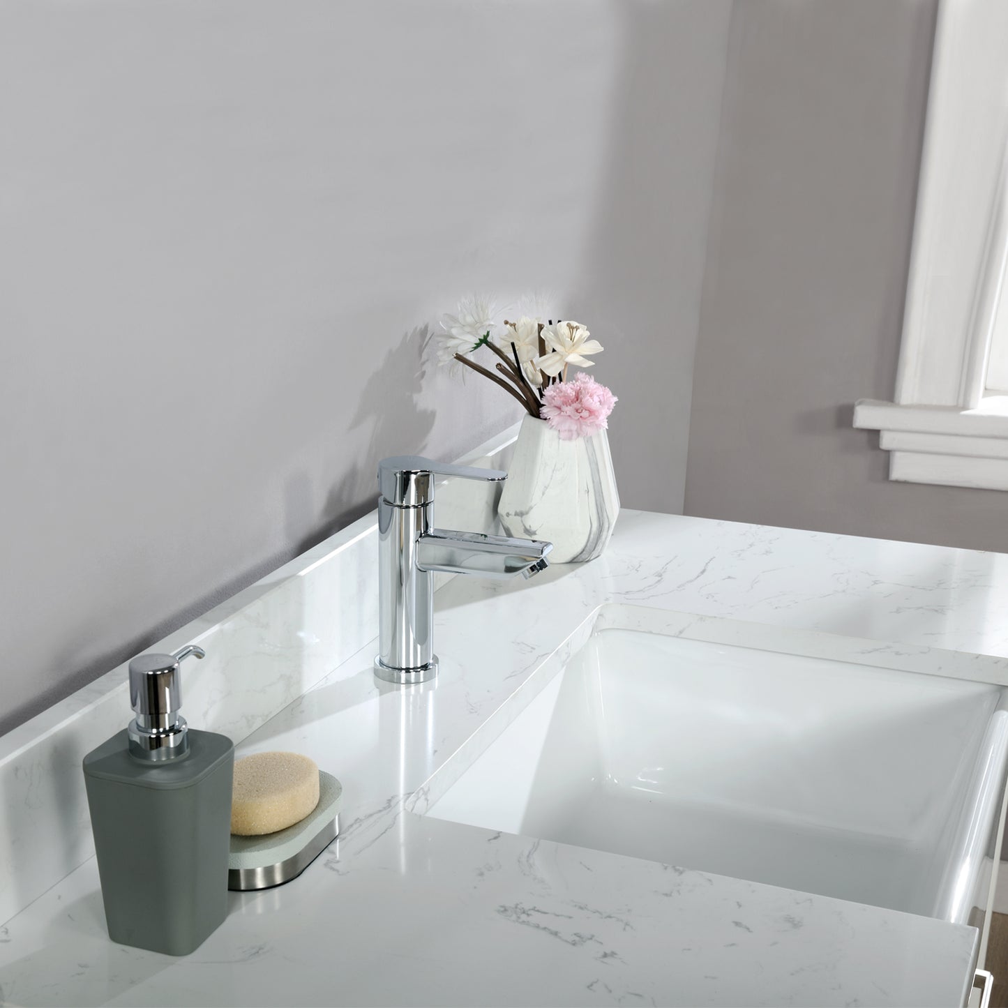 Georgia 42" Single Bathroom Vanity Set in White and Composite Carrara White Stone Top with White Farmhouse Basin with/without Mirror