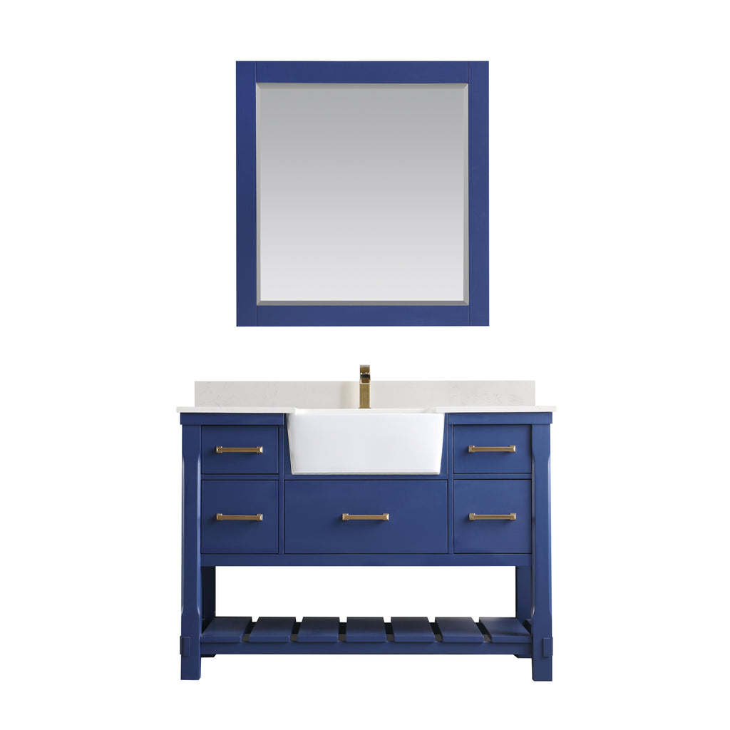 Georgia Single Bathroom Vanity Set in Jewelry Blue and Composite Carrara White Stone Top with White Farmhouse Basin with Mirror