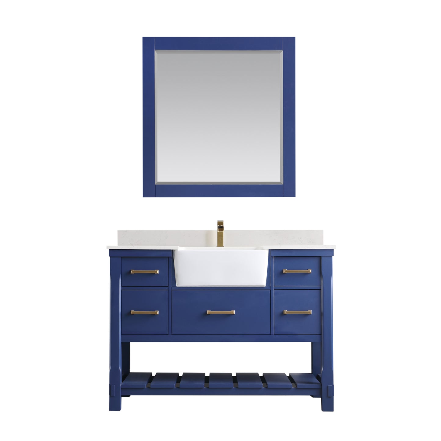 Georgia Single Bathroom Vanity Set in Jewelry Blue and Composite Carrara White Stone Top with White Farmhouse Basin with Mirror