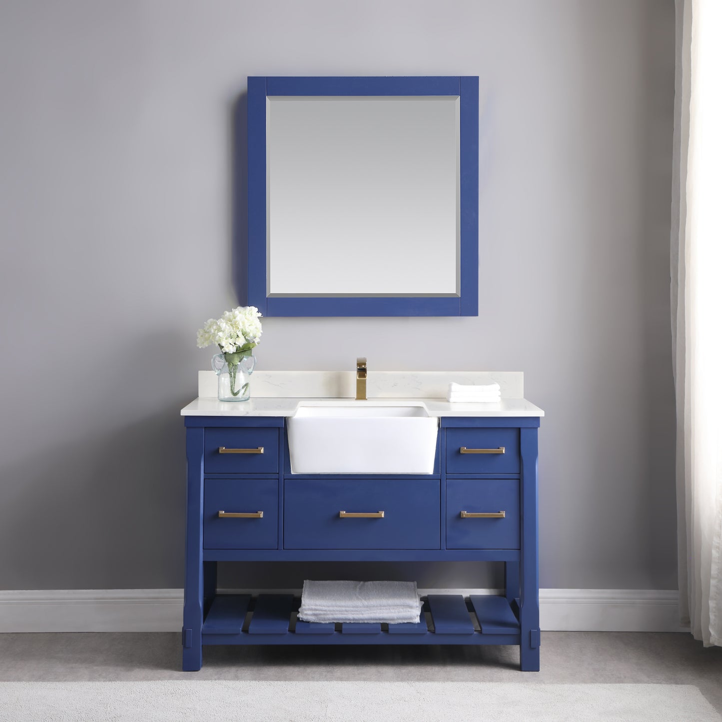 Georgia Single Bathroom Vanity Set in Jewelry Blue and Composite Carrara White Stone Top with White Farmhouse Basin with Mirror