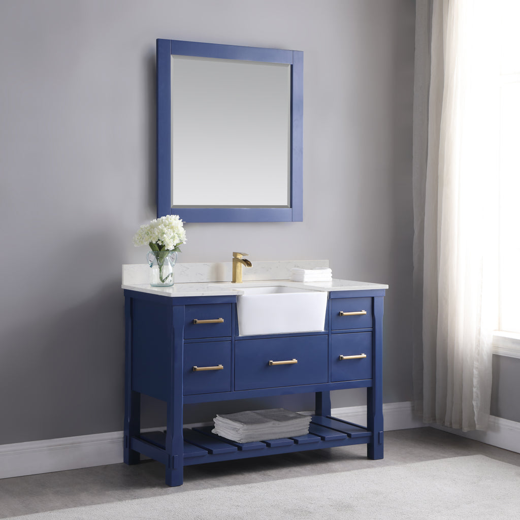 Georgia Single Bathroom Vanity Set in Jewelry Blue and Composite Carrara White Stone Top with White Farmhouse Basin with Mirror