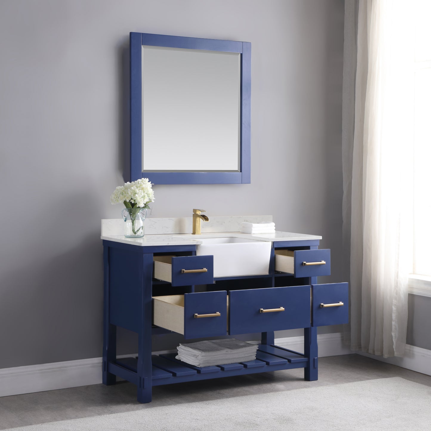 Georgia Single Bathroom Vanity Set in Jewelry Blue and Composite Carrara White Stone Top with White Farmhouse Basin with Mirror