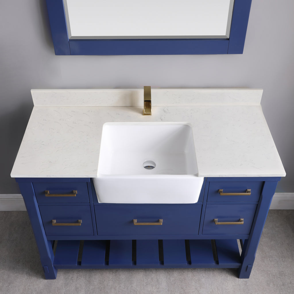 Georgia Single Bathroom Vanity Set in Jewelry Blue and Composite Carrara White Stone Top with White Farmhouse Basin with Mirror