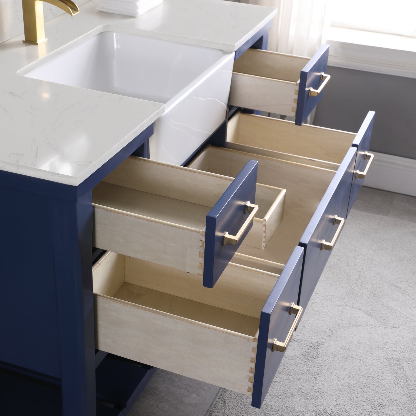 Georgia Single Bathroom Vanity Set in Jewelry Blue and Composite Carrara White Stone Top with White Farmhouse Basin with Mirror