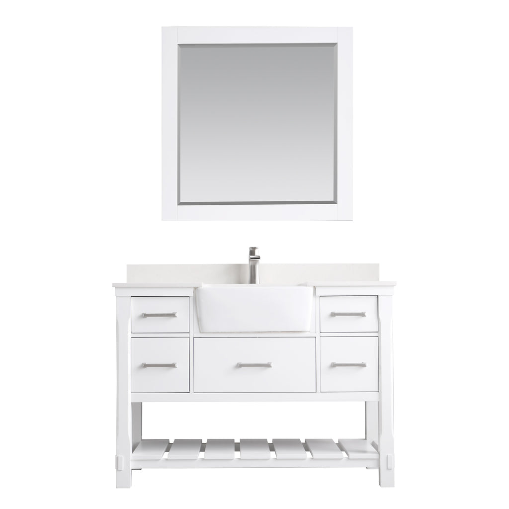 Georgia Single Bathroom Vanity Set in Jewelry Blue and Composite Carrara White Stone Top with White Farmhouse Basin with Mirror