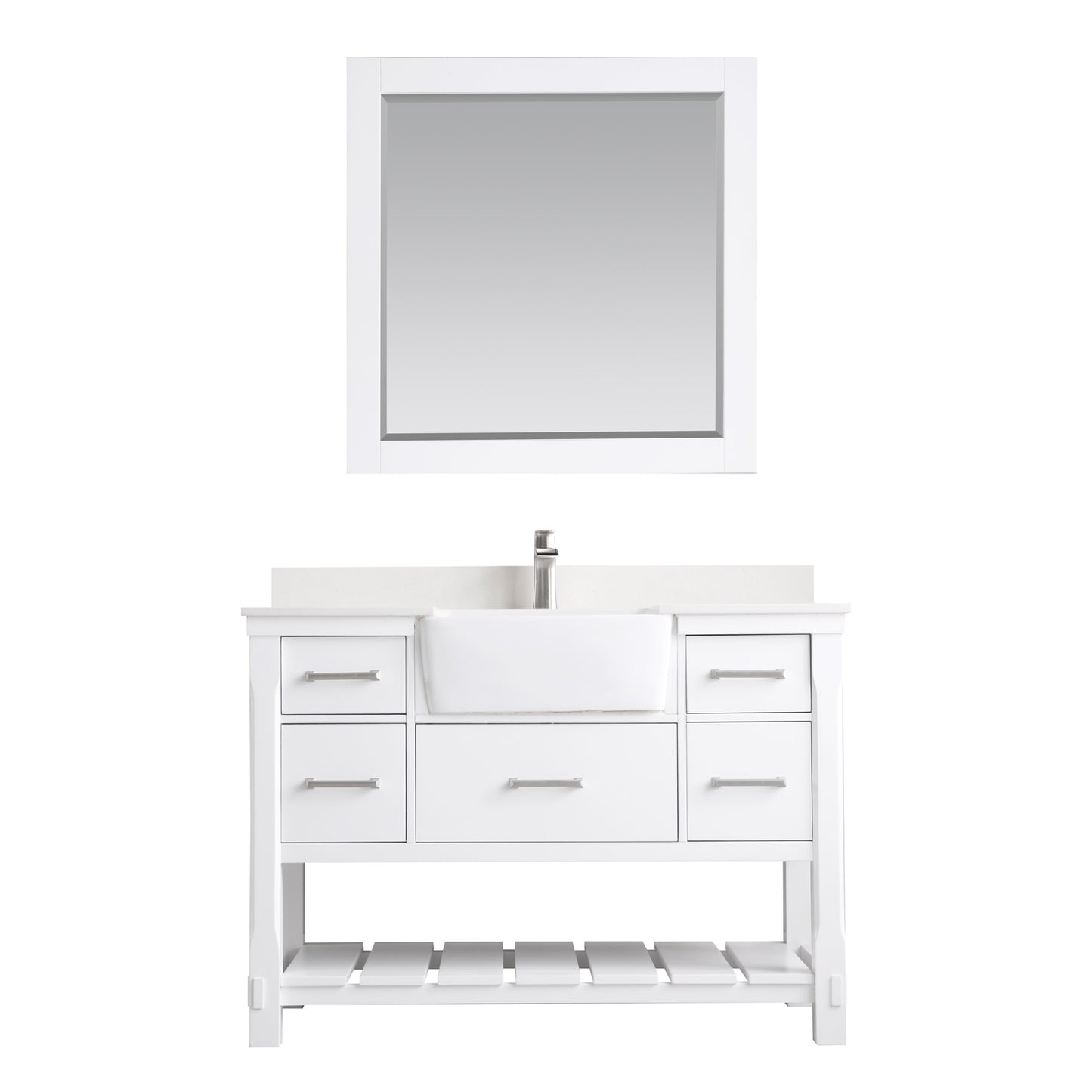 Georgia Single Bathroom Vanity Set in Jewelry Blue and Composite Carrara White Stone Top with White Farmhouse Basin with Mirror