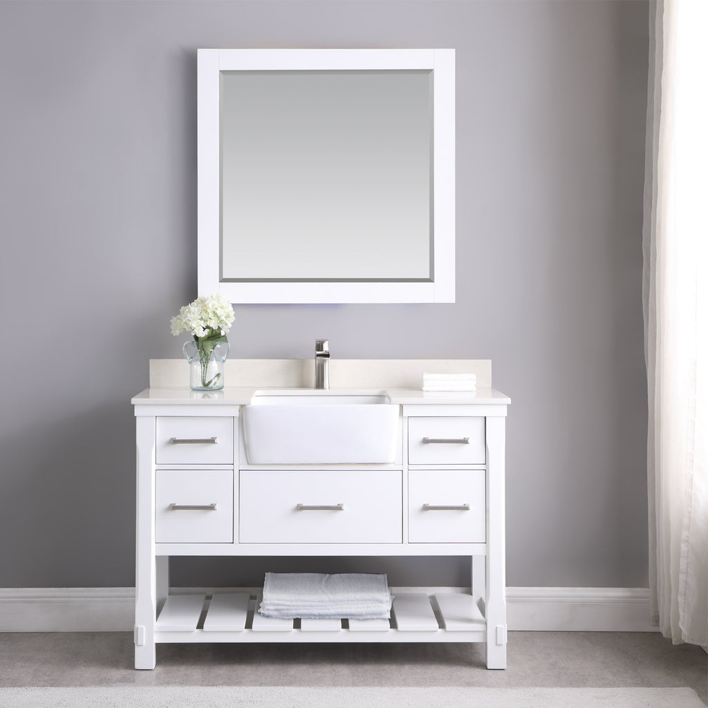 Georgia Single Bathroom Vanity Set in Jewelry Blue and Composite Carrara White Stone Top with White Farmhouse Basin with Mirror