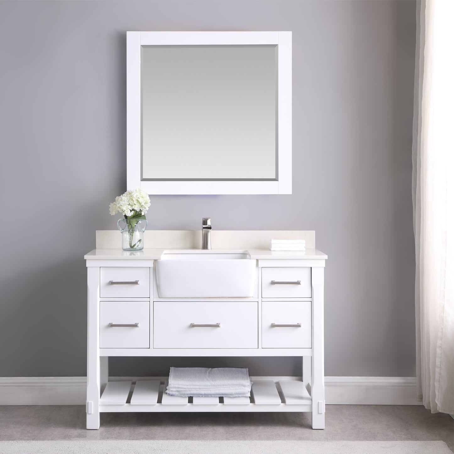 Georgia Single Bathroom Vanity Set in Jewelry Blue and Composite Carrara White Stone Top with White Farmhouse Basin with Mirror